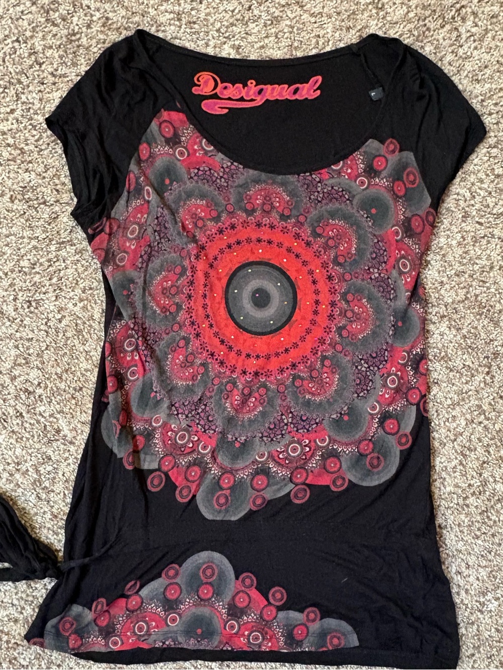 Desigual Black Tee with Red and Gray Mandala Graphic